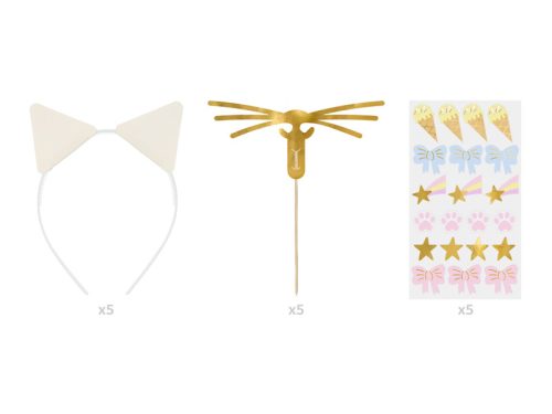 Cat Ears fejpánt és bajusz szett matricákkal (1 db / 5 db)