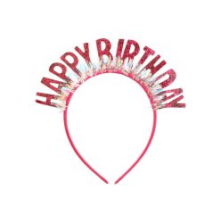   Szülinapi Happy Birthday fejpánt rózsaszín holografikus bojttal, 18x18 cm