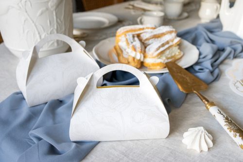 Dekoratív tortadobozok - Gyöngyágak, 16x15x8 cm, fehér (1 pkt / 10 db.)