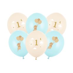   Egér mintás 30 cm-es lufi 1-es számmal, pasztell kék, 6 db