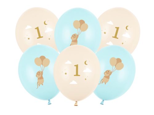 Egér mintás 30 cm-es lufi 1-es számmal, pasztell kék, 6 db