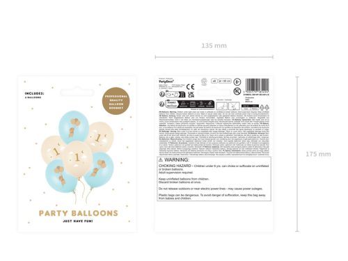 Egér mintás 30 cm-es lufi 1-es számmal, pasztell kék, 6 db