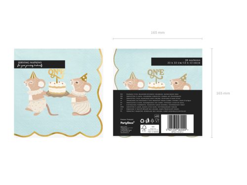 Két rétegű egér mintás papírszalvéta, kék, 33x33 cm, 12 db