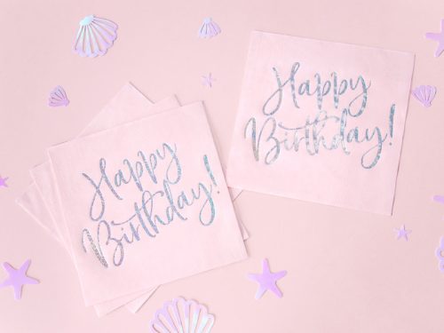 Szalvéták Boldog születésnapot, világos púder rózsaszín, 33x33cm (1 db / 20 db)