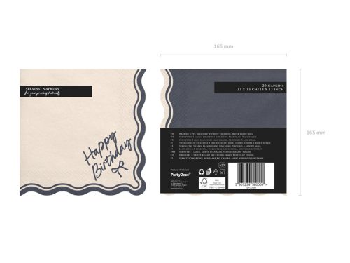 Happy Birthday írásos bézs-fekete papírszalvéta, 33x33 cm, 12 db