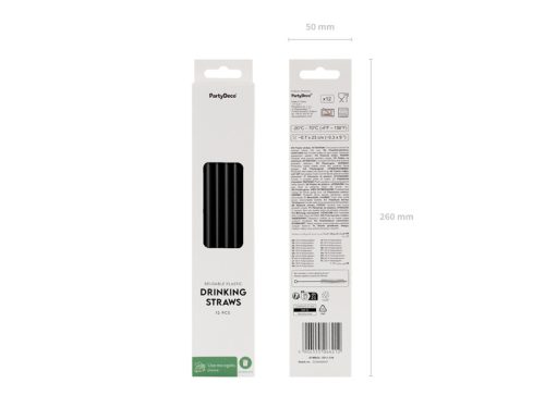 Fekete műanyag szívószálak 23 cm, 12 db, tisztító kefével