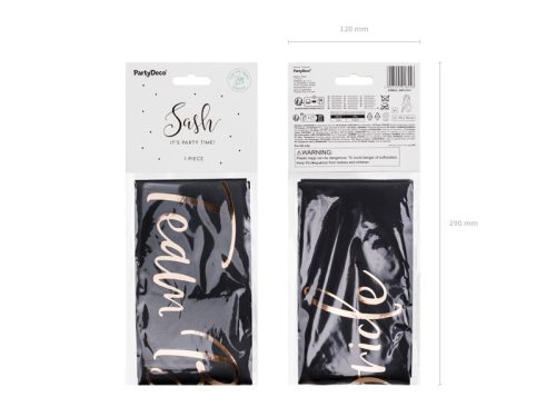 Fekete szatén 'Team Bride' sál rózsaarany nyomattal, 75 cm