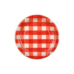 Piros-korall-tejszín kockás papírtányérok, 27 cm, 6 db