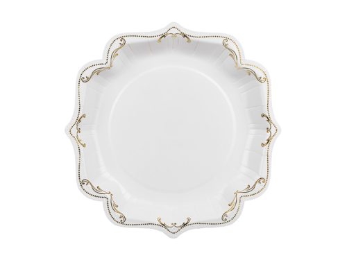 Fehér papírtányérok arany ornamentikával, 26 cm, 6 db