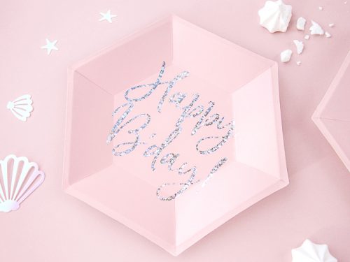 Tányérok Happy B'day!, világos púder rózsaszín, 20cm (1 db / 6 db.)