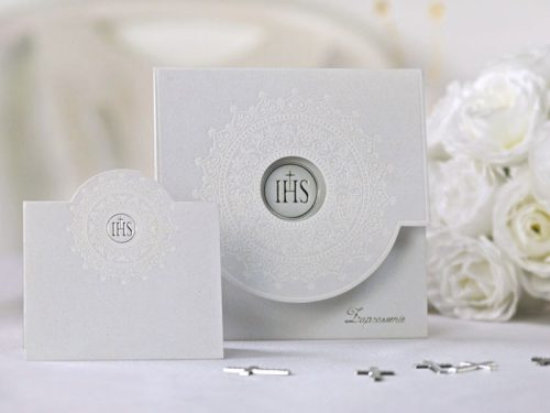 Fehér díszített elsőáldozási meghívó (1 csomag / 10 db.) 