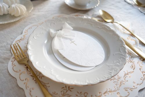 Elsőáldozási meghívók kereszttel, ágakkal és virágokkal, fehér (1 pkt / 10 db.)